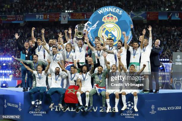 Goalkeeper Keylor Navas of Real Madrid, Daniel Carvajal of Real Madrid, Sergio Ramos of Real Madrid with UEFA Champions League trophy, Coupe des...