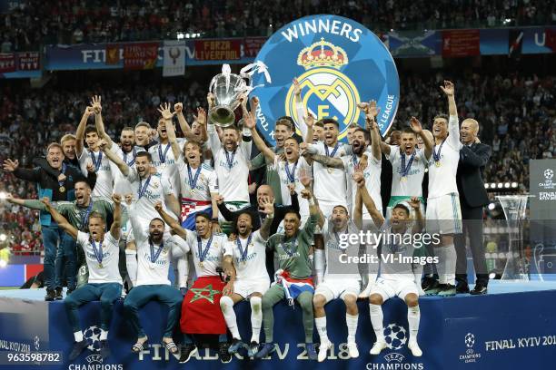 Goalkeeper Keylor Navas of Real Madrid, Daniel Carvajal of Real Madrid, Sergio Ramos of Real Madrid with UEFA Champions League trophy, Coupe des...