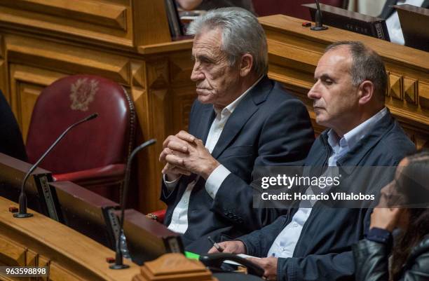 Member of PCP and party's secretary general Jeronimo de Sousa sits after voting against the projects during the Portuguese Parliament debate on...