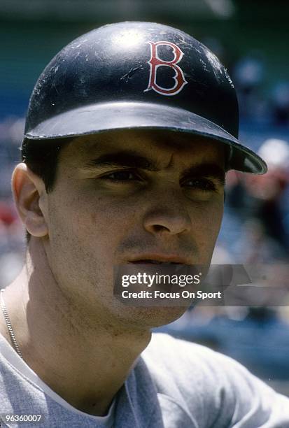 Outfielder Tony Conigliaro of the Boston Red Sox on the field during batting practice before the start of a circa mid 1960's Major League Baseball...