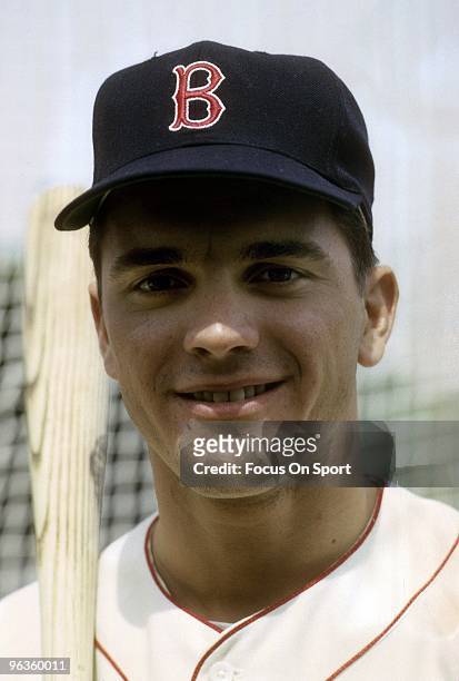 S: Outfielder Tony Conigliaro of the Boston Red Sox with bat on shoulder at the batting cage before the start of a circa mid 1960's Major League...