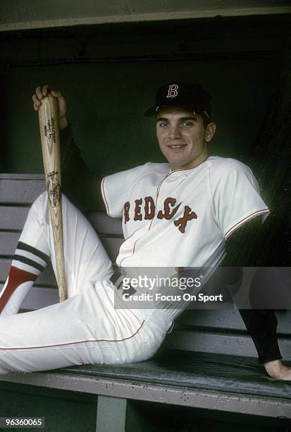 S: Outfielder Tony Conigliaro of the Boston Red Sox poses for this photo in the dougout prior to the start of a circa mid 1960's Major League...