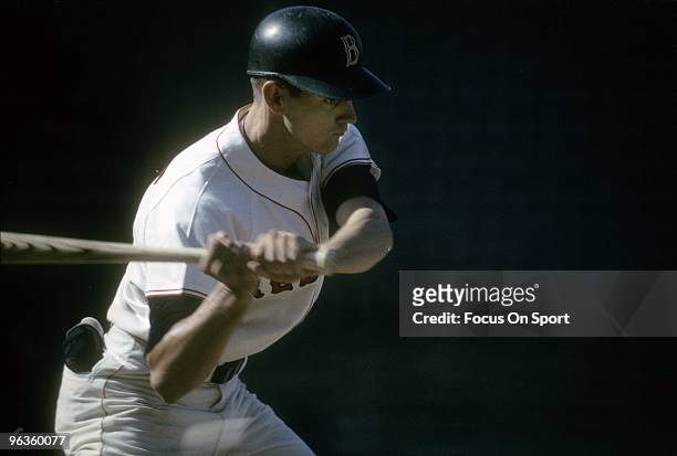 S: Outfielder Tony Conigliaro of the Boston Red Sox is ready to swings at a pitch during a circa mid 1960's Major League Baseball game at Fenway Park...