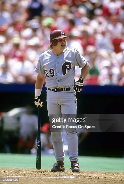 First baseman/Outfielder John Kruk of the Philadelphia Phillies stands waiting to step into the batters box during a circa 1990's Major League...