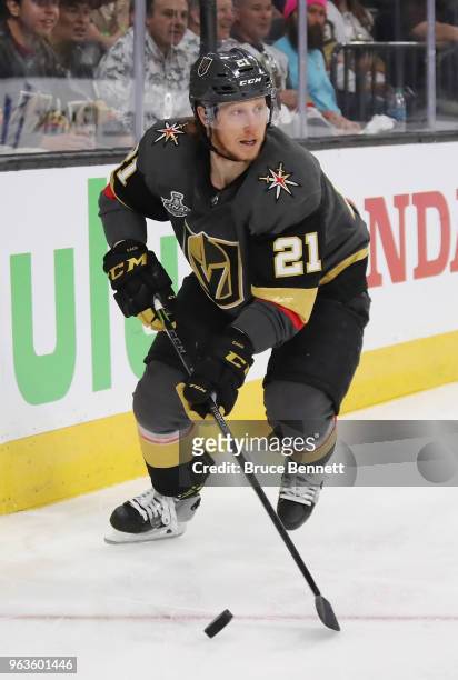 Cody Eakin of the Vegas Golden Knights skates against the Washington Capitals in Game One of the 2018 NHL Stanley Cup Final at T-Mobile Arena on May...