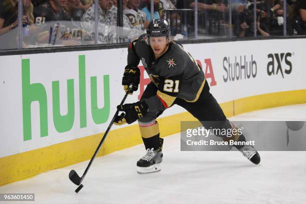Cody Eakin of the Vegas Golden Knights skates against the Washington Capitals in Game One of the 2018 NHL Stanley Cup Final at T-Mobile Arena on May...