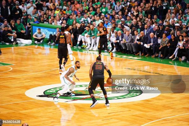 Playoffs: Rear view of Cleveland Cavaliers LeBron James in action vs Boston Celtics Marcus Morris at TD Garden. Game 7. Boston, MA 5/27/2018 CREDIT:...