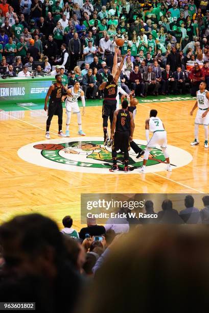 Playoffs: Cleveland Cavaliers Tristan Thompson in action, tipoff vs Boston Celtics Aron Baynes at TD Garden. Game 7. Boston, MA 5/27/2018 CREDIT:...
