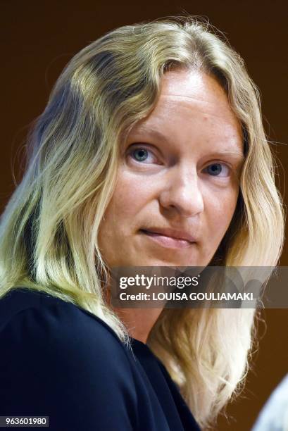 Pilatus Bank alleged whistle-blower Maria Efimova of Russia talks during a debate in Athens on May 29 on whistleblowers and journalism, organized by...