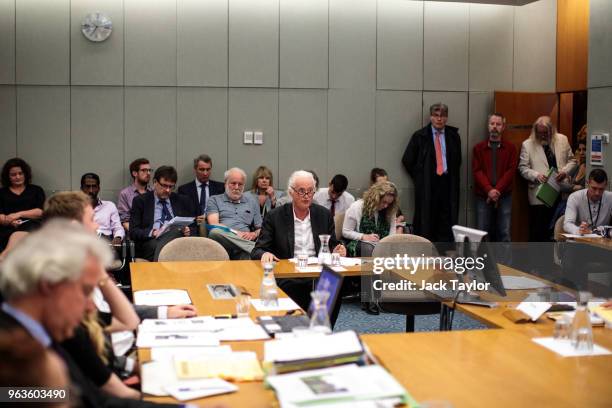 British musician Jimmy Page makes a statement at a planning meeting at Kensington and Chelsea Town Hall on May 29, 2018 in London, England. British...