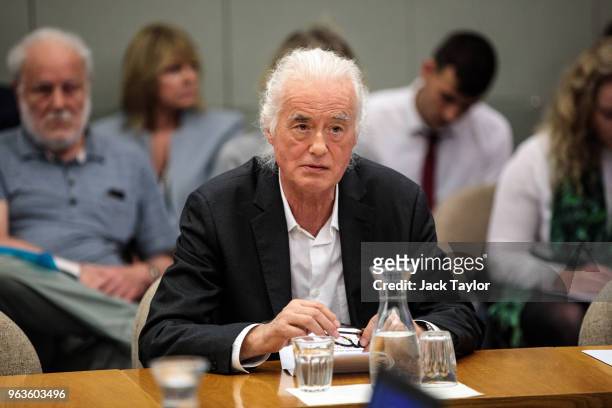 British musician Jimmy Page makes a statement at a planning meeting at Kensington and Chelsea Town Hall on May 29, 2018 in London, England. British...