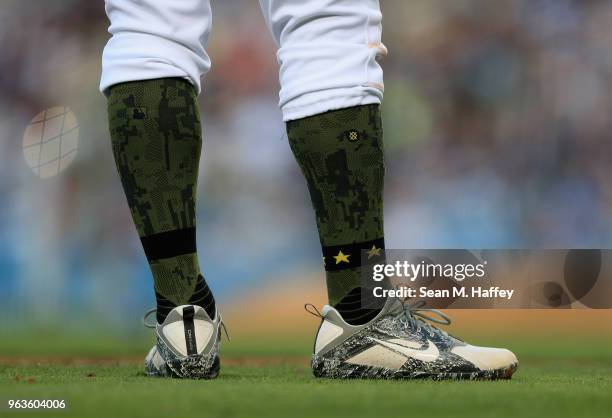 Detail shot of Nike baseball cleats worn by Yasiel Puig of the Los Angeles Dodgers during the sixth inning of a game against the Philadelphia...