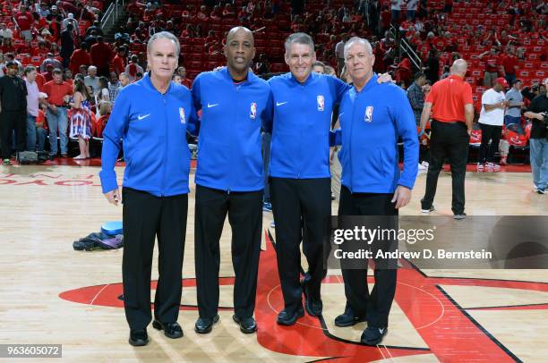 Referees Mike Callahan, Derrick Stafford, Scott Foster, and Jason Phillips pose for a photo before Game Seven of the Western Conference Finals...