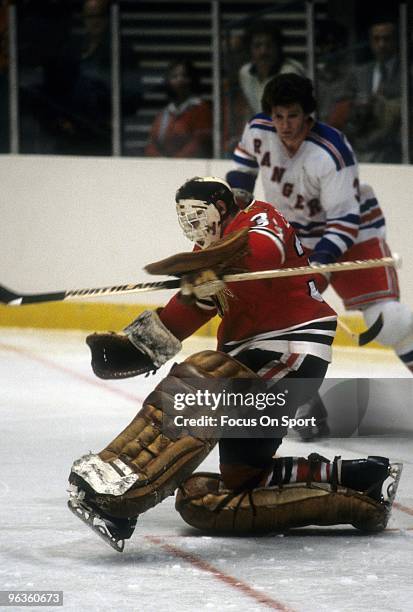 S: Goaltender Tony Esposito of the Chicago Blackhawks in action against the New York Rangers during an NHL Hockey game circa 1970's at Madison Square...