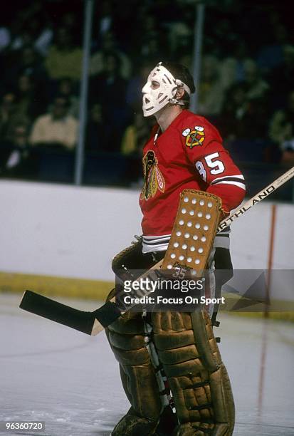 S: Goaltender Tony Esposito of the Chicago Blackhawks in action against the New York Rangers during an NHL Hockey game circa 1970's at Madison Square...