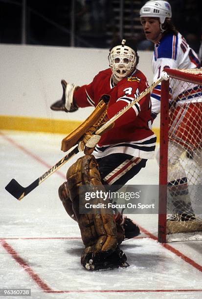 S: Goaltender Tony Esposito of the Chicago Blackhawks in action against the New York Rangers during an NHL Hockey game circa 1970's at Madison Square...