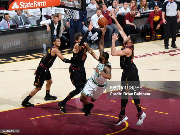 Marcus Morris of the Boston Celtics goes to the basket against the Cleveland Cavaliers during Game Six of the Eastern Conference Finals of the 2018...