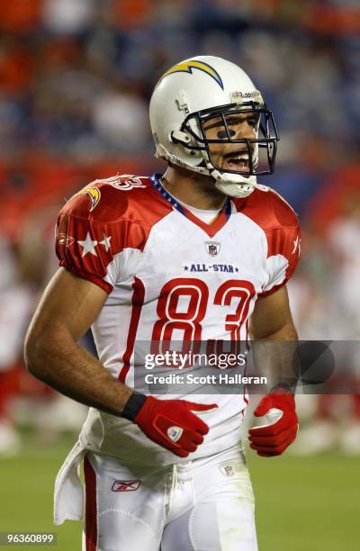 Vincent Jackson of the AFC's San Diego Chargers jogs on the field during the 2010 AFC-NFC Pro Bowl game at Sun Life Stadium on January 31, 2010 in...