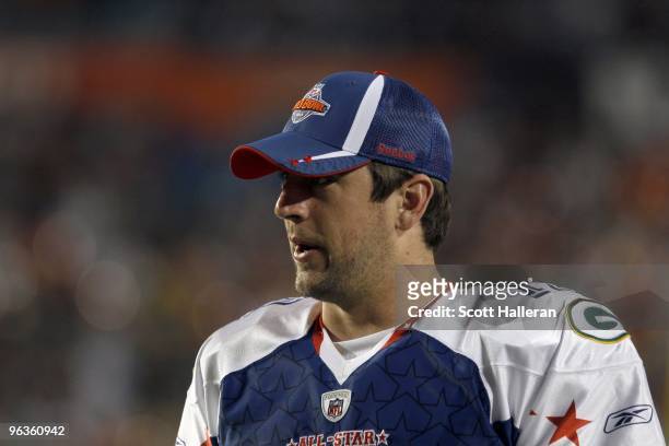 Aaron Rodgers of the NFC's Green Bay Packers looks on during the 2010 AFC-NFC Pro Bowl game at Sun Life Stadium on January 31, 2010 in Miami Gardens,...