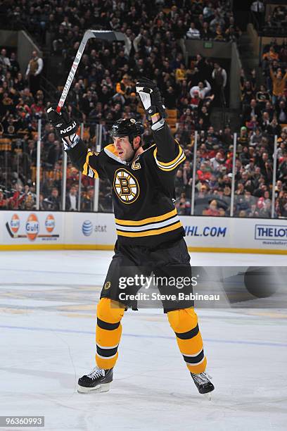 Zdeno Chara of the Boston Bruins celebrates a goal against the Washington Capitals at the TD Garden on February 2, 2010 in Boston, Massachusetts.