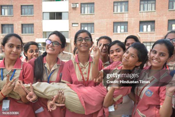 After CBSE declared class 10th results students expressed joy at Vanaspati Public School, Vasundhara, on May 29, 2018 in Ghaziabad, India. Of the 16...
