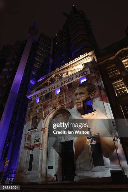 Projection of Steve Borthwick, Jonny Wilkinson and Lewis Moody onto the Lloyd's Building, in the City of London, to mark the announcement of QBE as...
