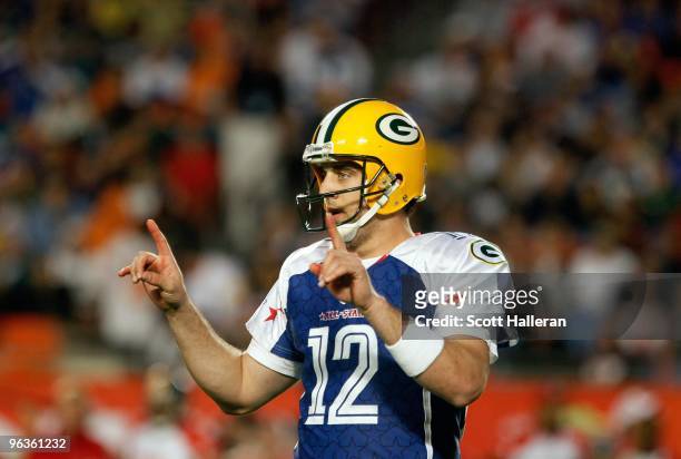 Aaron Rodgers of the NFC's Green Bay Packers signals a play during the 2010 AFC-NFC Pro Bowl game at Sun Life Stadium on January 31, 2010 in Miami...