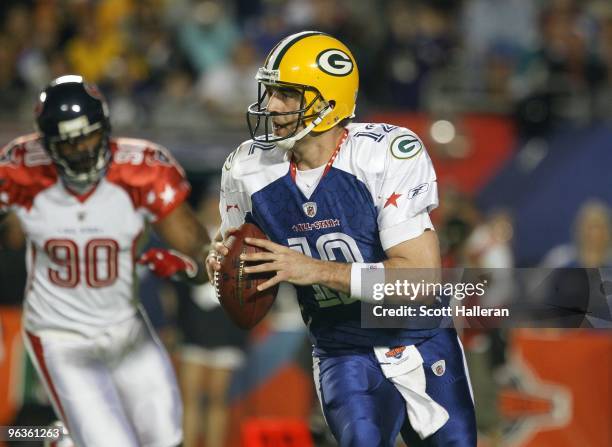 Aaron Rodgers of the NFC's Green Bay Packers looks to make a pass play during the 2010 AFC-NFC Pro Bowl game at Sun Life Stadium on January 31, 2010...