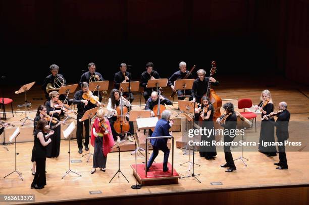 German violinist Isabelle Faust performs on stage as soloist with The Giardino Armonico orchestra conduced in concert by the Maestro Giovanni...