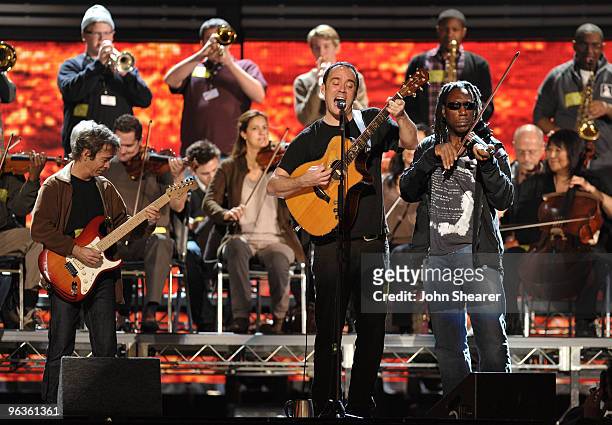 Musicians Tim Reynolds, Dave Matthews and Boyd Tinsley of the Dave Matthews Band onstage at the 52nd Annual GRAMMY Awards rehearsals day 2 at Staples...