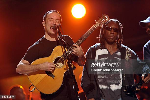 Musician Dave Matthews and Boyd Tinsley of the Dave Matthews Band onstage at the 52nd Annual GRAMMY Awards rehearsals day 2 at Staples Center on...