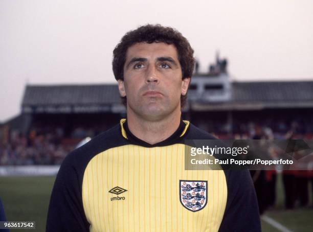 Peter Shilton of England lines up before the British Home Championships match between Wales and England at the Racecourse Ground on May 2, 1984 in...