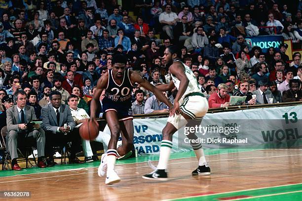 Nate Archibald of the Boston Celtics defends against Micheal Ray Richardson of the New York Knicks during a game played in 1981 at the Boston Garden...