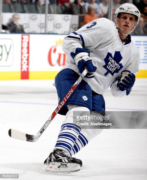 Dion Phaneuf of the Toronto Maple Leafs makes a turn while playing against the New Jersey Devils during game action February 2, 2010 at the Air...