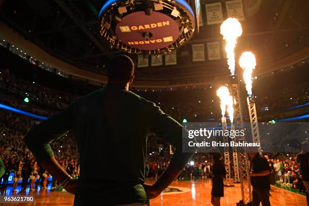 Marcus Morris of the Boston Celtics looks on prior to Game Seven of the Eastern Conference Finals of the 2018 NBA Playoffs against the Cleveland...