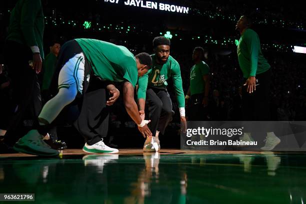 Jaylen Brown of the Boston Celtics is introduced prior to Game Seven of the Eastern Conference Finals of the 2018 NBA Playoffs against the Cleveland...