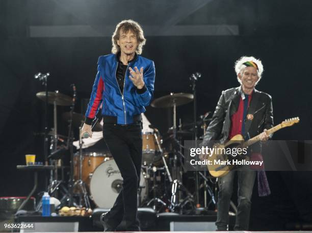 Mick Jagger and Keith Richards of The Rolling Stones performing live on stage at St Mary's Stadium on May 29, 2018 in Southampton, England.