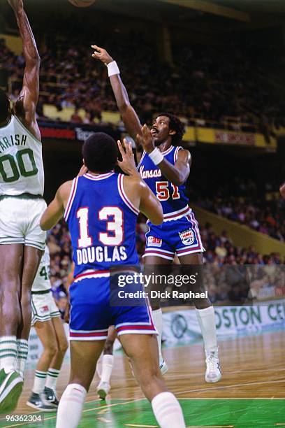 Reggie King of the Kansas City Kings shoots against the Boston Celtics during a game played in 1981 at the Boston Garden in Boston, Massachusetts....