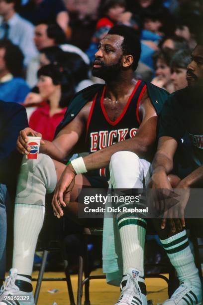 Bob Lanier of the Milwaukee Bucks sits on the bench during the game against the Boston Celtics played in 1981 at the Boston Garden in Boston,...