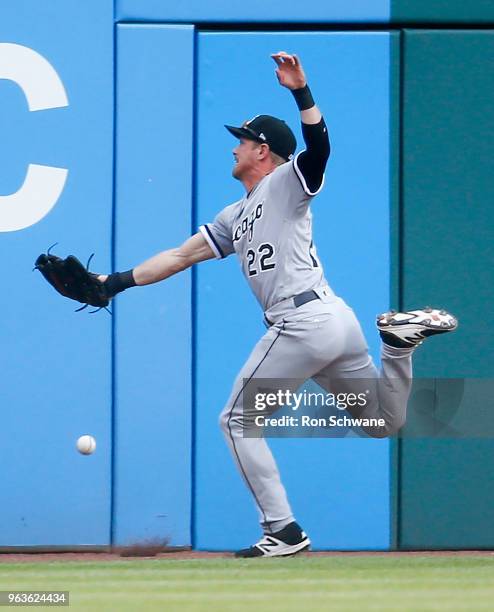 Charlie Tilson of the Chicago White Sox cannot make a play on a ball that went for double off the bat of Jose Ramirez of the Cleveland Indians during...