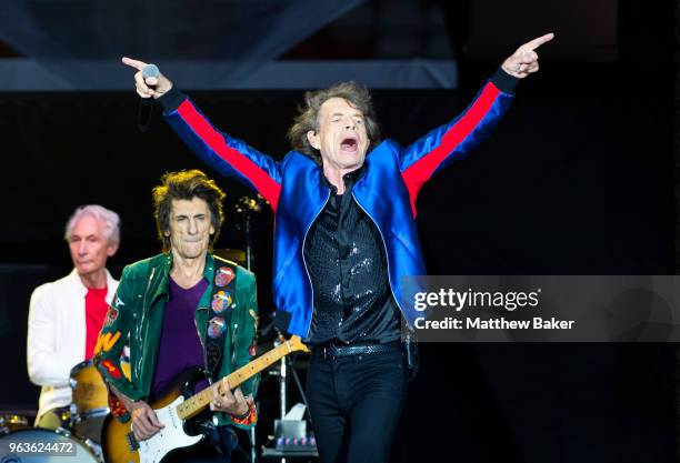 Charlie Watts, Ronnie Wood and Mick Jagger of the Rolling Stones perform live on stage at St Mary's Stadium on May 29, 2018 in Southampton, England.