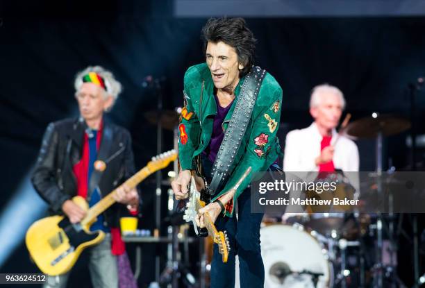 Keith Richards, Ronnie Wood and Charlie Watts of the Rolling Stones perform live on stage at St Mary's Stadium on May 29, 2018 in Southampton,...