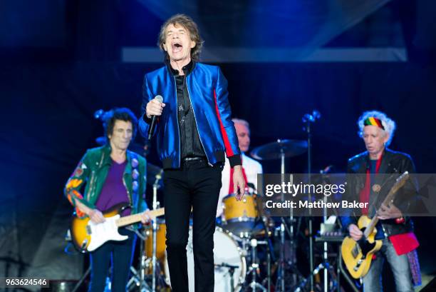 Ronnie Wood, Mick Jagger, Charlie Watts and Keith Richards of the Rolling Stones perform live on stage at St Mary's Stadium on May 29, 2018 in...