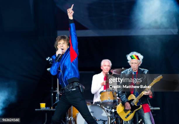 Mick Jagger, Charlie Watts and Keith Richards of the Rolling Stones perform live on stage at St Mary's Stadium on May 29, 2018 in Southampton,...