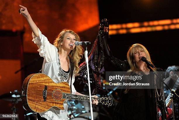 Taylor Swift and Stevie Nicks rehearse for the 52nd Annual GRAMMY Awards held at Staples Center on January 31, 2010 in Los Angeles, California.