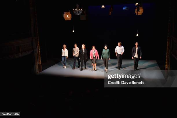 Claudie Blakley, Lee Ingleby, Clare Foster, Heather Craney, Sian Clifford, Adam James and Stephen Campbell Moore bow at the curtain call during the...