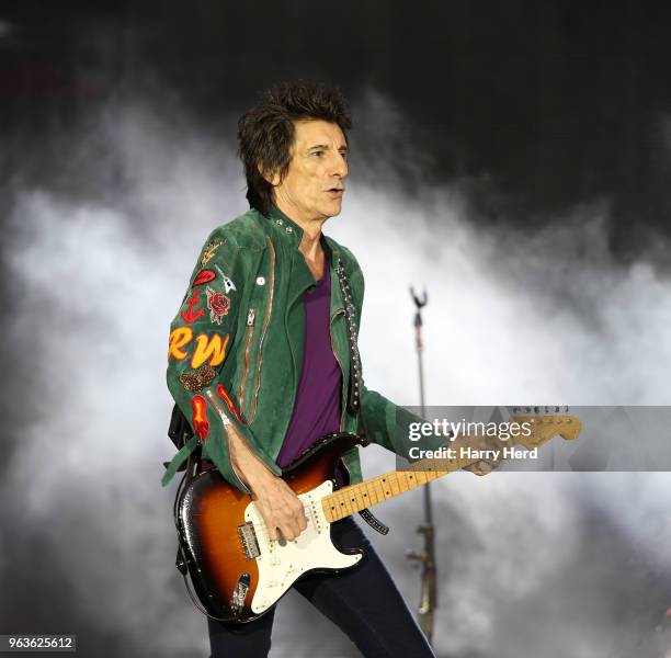 Ronnie Wood of The Rolling Stones performs live on stage at St Mary's Stadium on May 29, 2018 in Southampton, England.