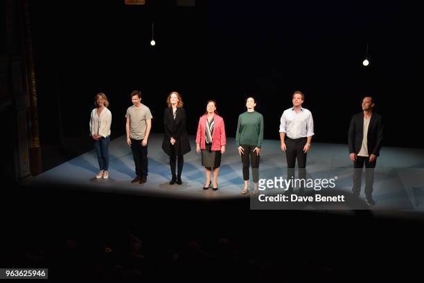 Claudie Blakley, Lee Ingleby, Clare Foster, Heather Craney, Sian Clifford, Adam James and Stephen Campbell Moore bow at the curtain call during the...