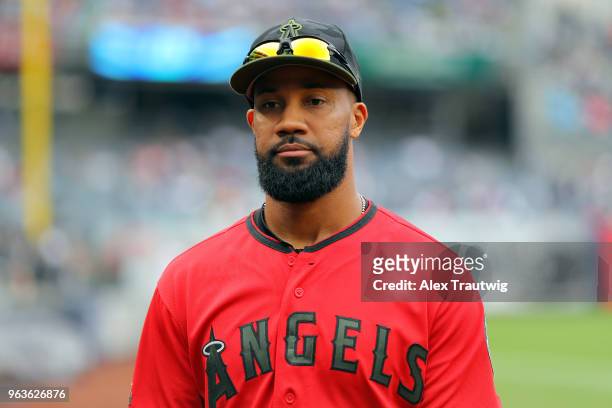 Chris Young of the Los Angeles Angels walks to the dugout ahead of a game against the New York Yankees at Yankee Stadium on Sunday, May 27, 2018 in...