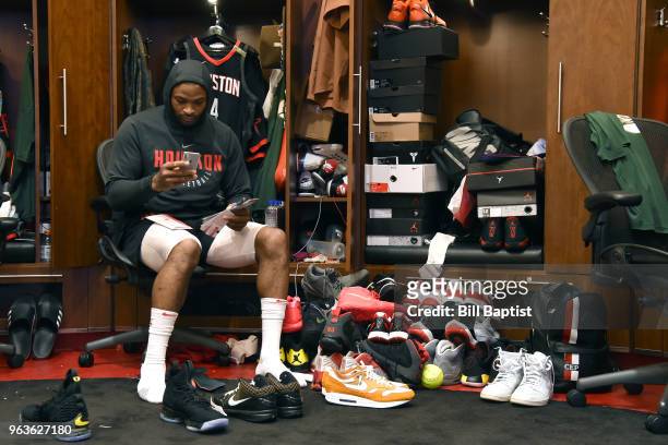 Tucker of the Houston Rockets looks on in the locker room prior to Game Five of the Western Conference Finals during the 2018 NBA Playoffs against...